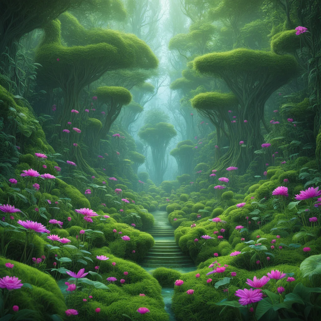 Garden of Eden by John Stephens Benoit Mandelbrot Beeple and Roger Dean | Beautiful detailed ethereal alien paradise garden alien geometry peculiar angles